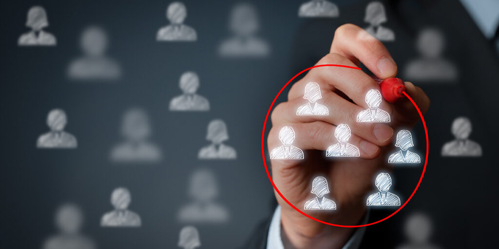 Illustration of computer screen with group of users highlighted to represent target audience in a digital marketing strategy.